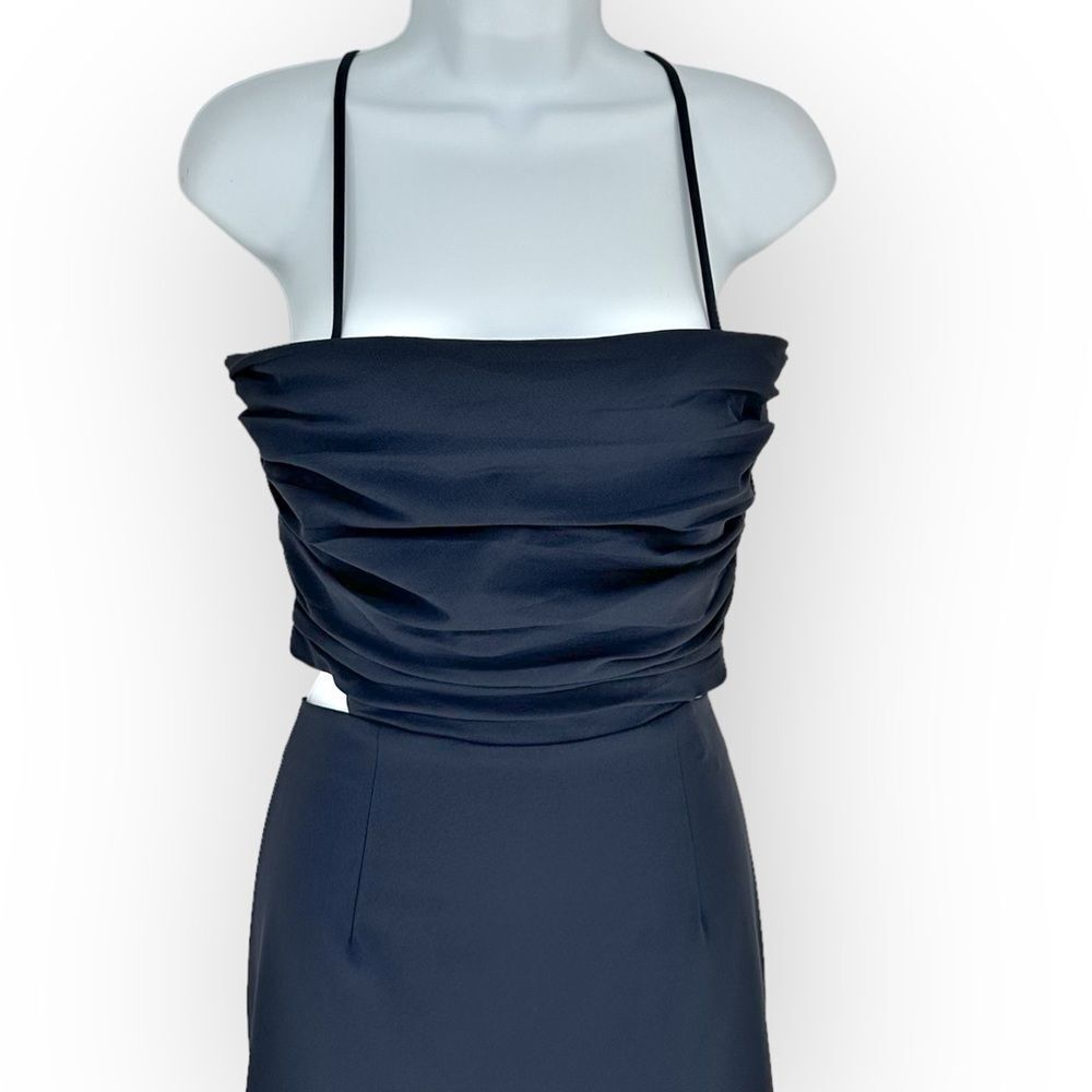 CINQ À SEPT NWT Judy Ruched Navy Backless Midi-Dress- size 12- sexy classic - Picture 3 of 13
